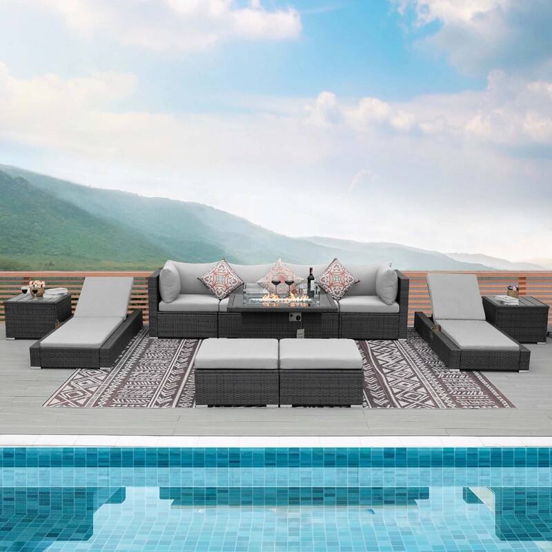 FINCATI 11 Pieces Patio Furniture Set Outdoor Sectional Sofa with Firepit Table