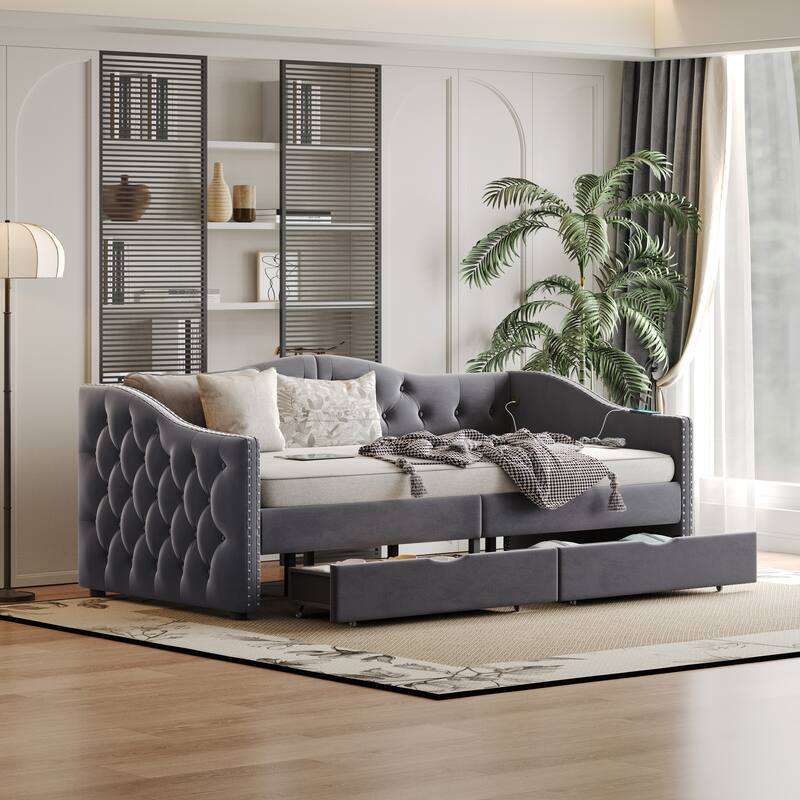 Full/Twin Upholstered Daybed with 2 Storage Drawers & USB Charging, Velvet Sofa Bed for Living Room & Bedroom