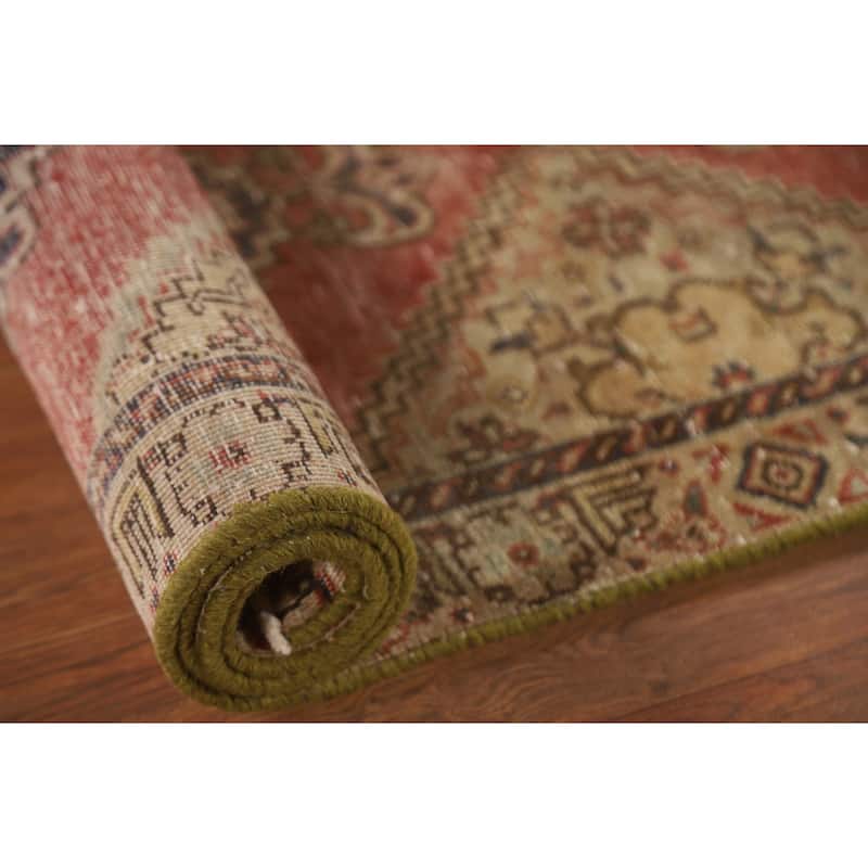 Geometric Tabriz Persian Vintage Runner Rug Handmade Wool Carpet - 2'4"x 8'6"