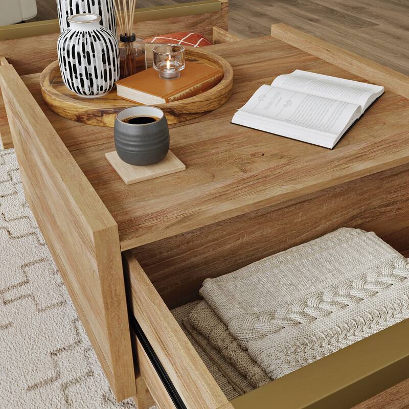 Wood Coffee Table with Full-Extension Drawers - 31.02" L x 30.95" W x 16.06" H