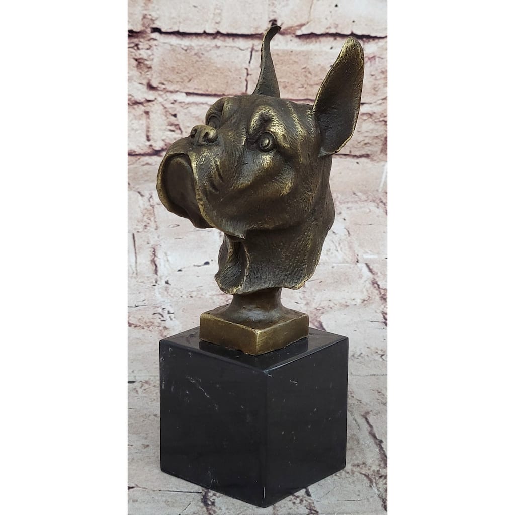 Boxer Dog Breed Bronze Metal Bust Sculpture Statue Signed Original Art On Marble Base