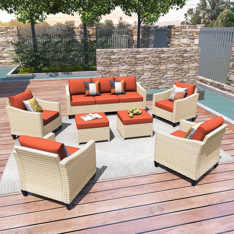 HOOOWOOO Outdoor Patio 7-piece Furniture Rattan Curved Backrest Seating Set