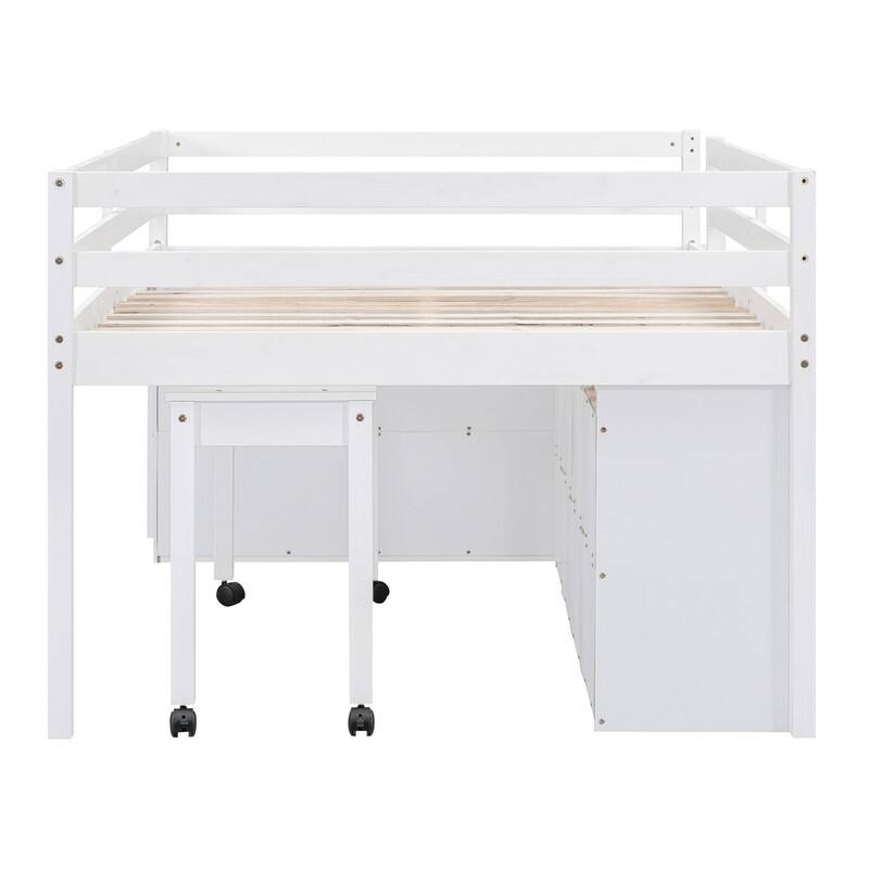 Twin/Full Size Low Loft Bed with Retractable Writing Desk and 4 Drawers, Wooden Loft Bedframe w/ Lateral Portable Desk & Shelves