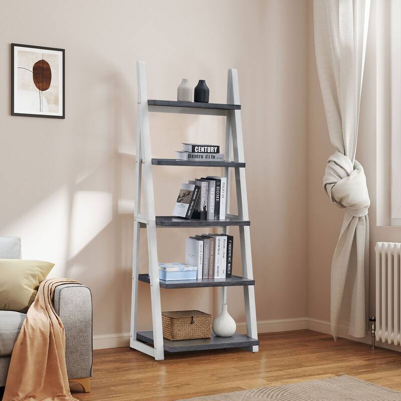 5-Tier Shelves,Bookshelf, Storage Rack, Bookcase with Rubber Wood Frame, Ladder Shelf for Living Room, Home Office