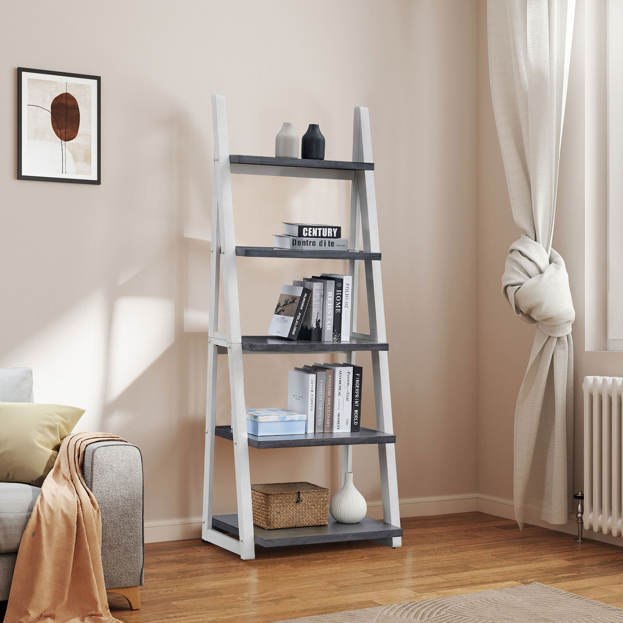 Roomfitters 5-Tier Shelves, Modern A-Frame Ladder Bookshelf, Wooden Leaning Decorative Storage Display Rack, Grey and White