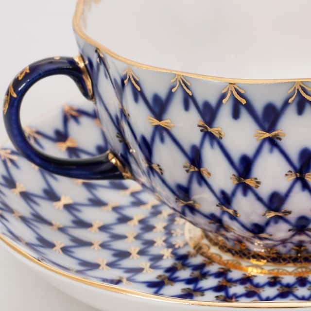 Imperial Porcelain Factory Tulip Cobalt Netting Teacup and Caucer