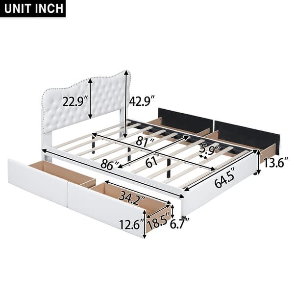 dimension image slide 0 of 2, Queen Size PU Leather Upholstered Platform Bed with 4 Drawers