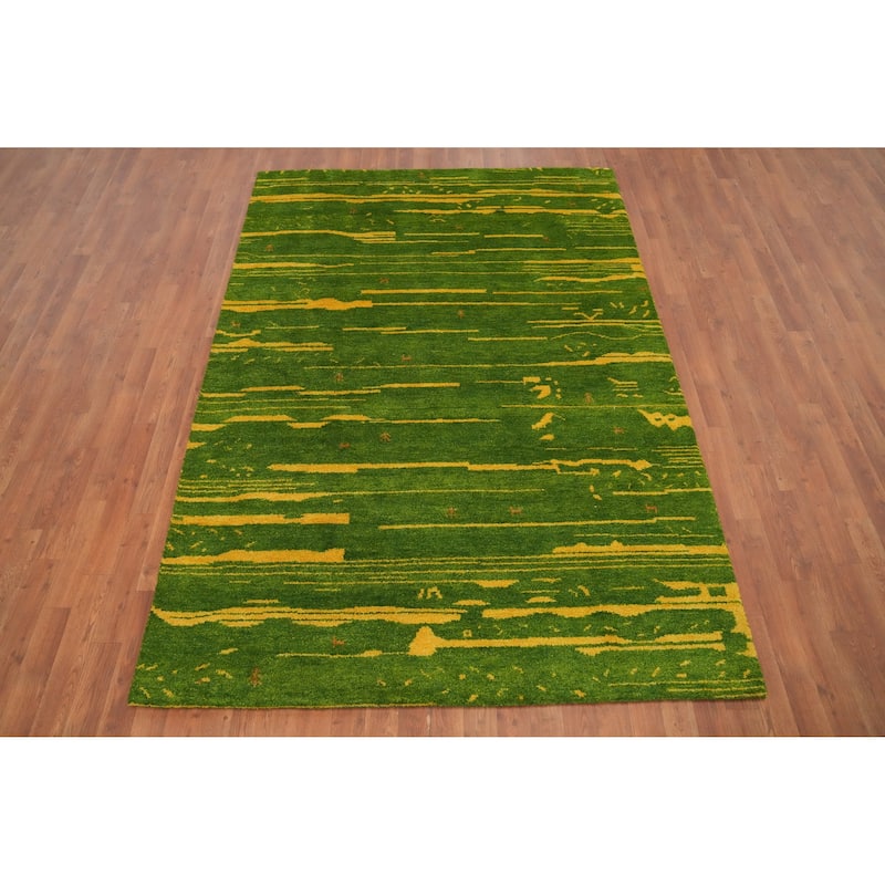 Hand Knotted Oriental 100% Wool Carpet Modern Stripe Green Gabbeh Area Rug - 7' 9'' X 5' 5''