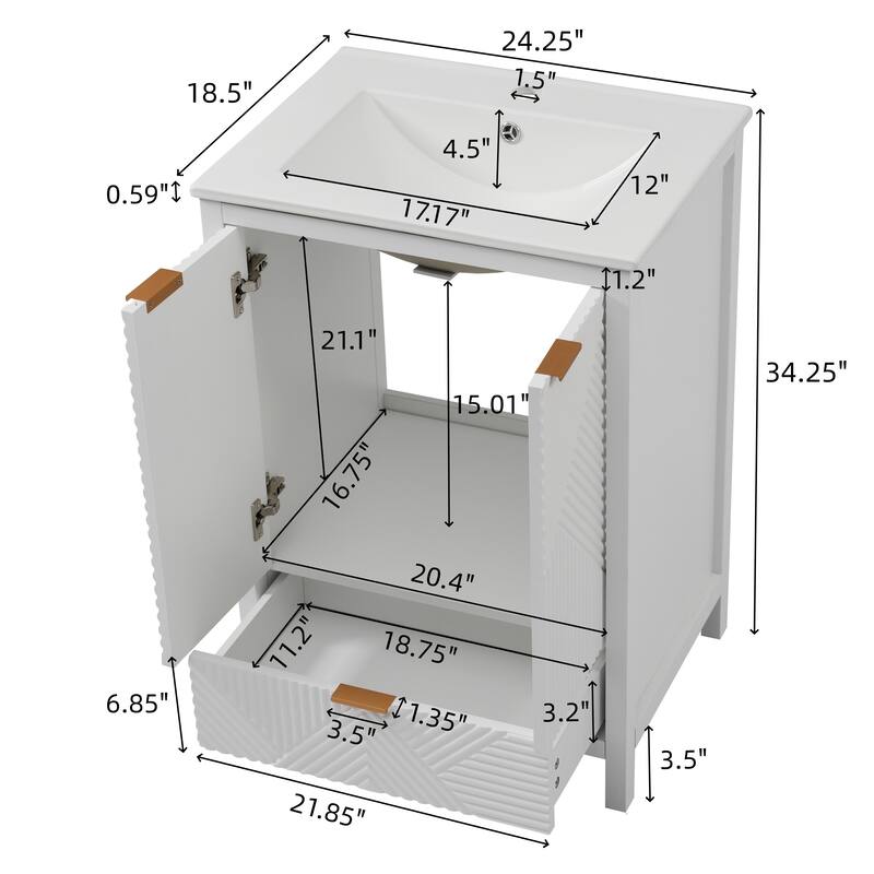 24" Bathroom Vanity with Ceramic Sink, Single Faucet Hole, Drawer Storage, Soft Close Doors and Textured Panels