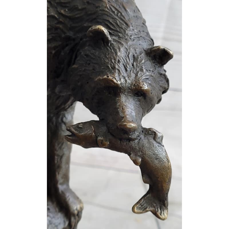 Bear With Fish In Mouth Bronze Metal Sculpture Statue Wildlife Decor Art Marble Base