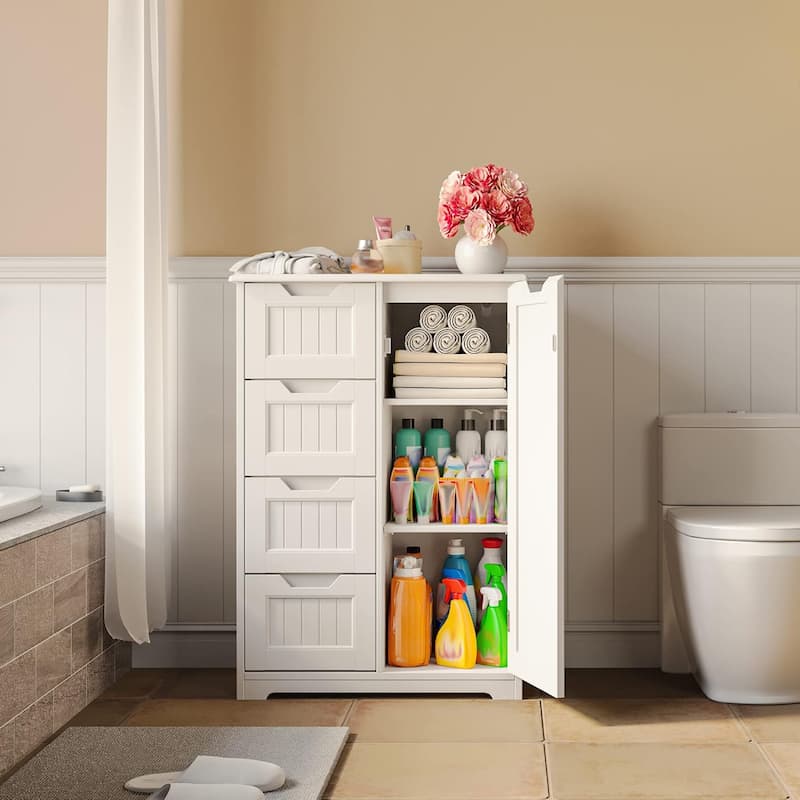Bathroom Floor Storage Cabinet, Free-Standing Floor Storage Cabinet with 4 Draws and Adjustable Shelf - White