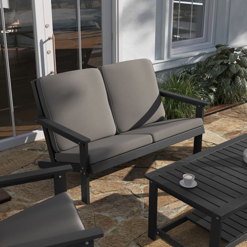 All-Weather Poly Resin Adirondack Loveseat & Cushions - Black/Charcoal