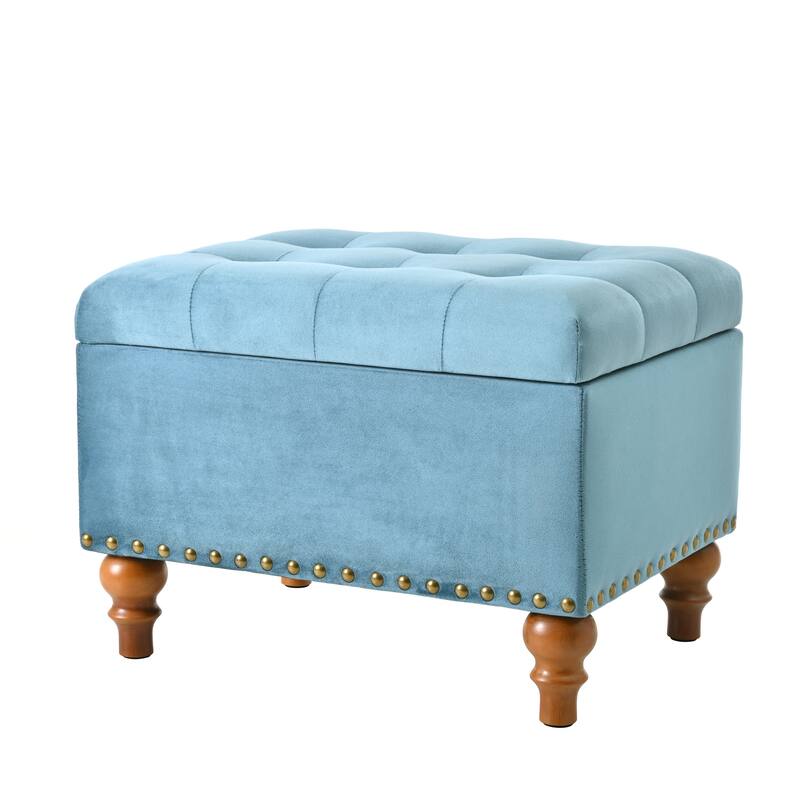 Square velvet upholstered Ottoman with storage space, hidden support hinge with easy to open top, rivet trim around - Light Blue