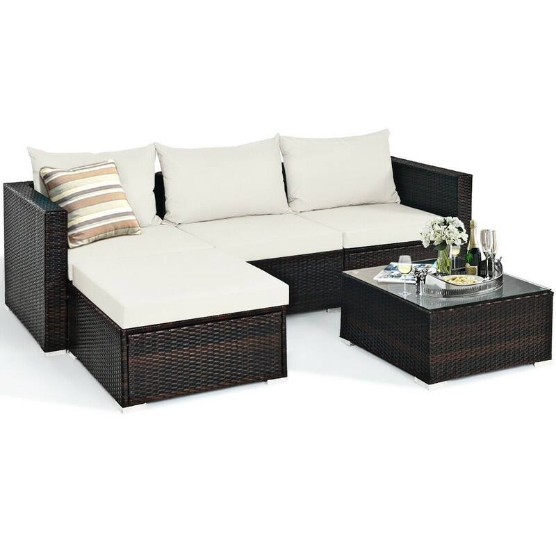5Pcs Patio Rattan Furniture Set with Coffee Table - 29" x 29" x 23.5" (L x W x H)