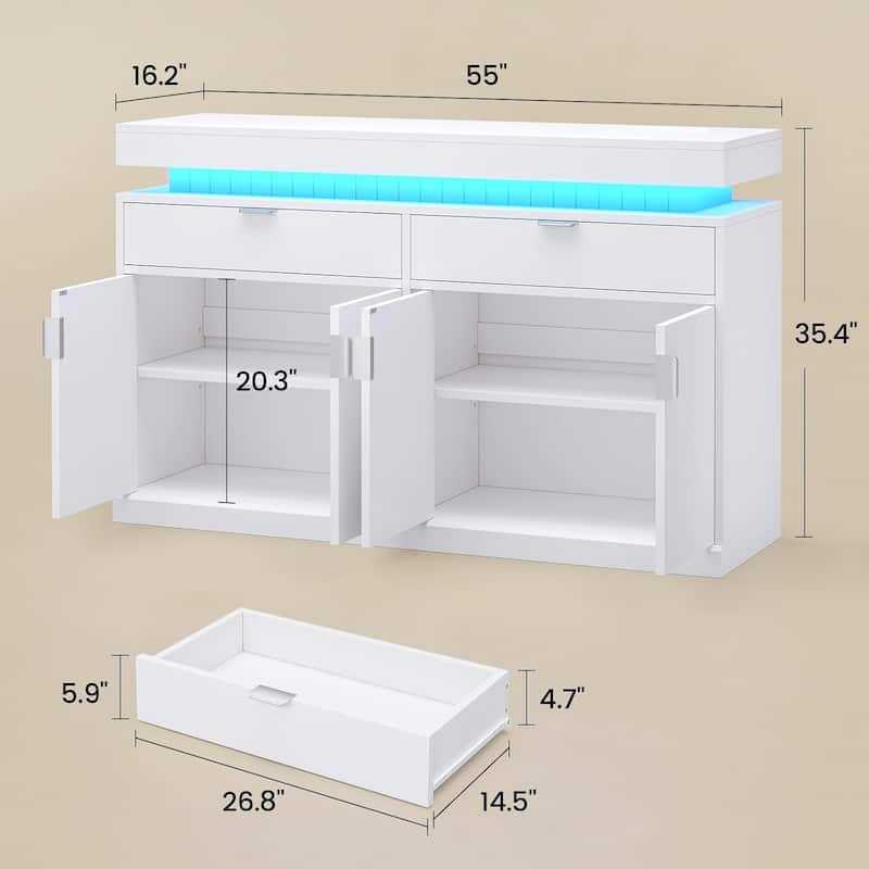 Buffet Sideboard Cabinet with LED Light and Charging Station Credenza