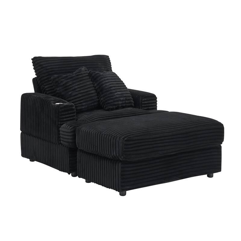 39-inch Black Corduroy Upholstered Armchair and Ottoman Set with Cup Holder, 1-Seater Sofa for Various Scenes