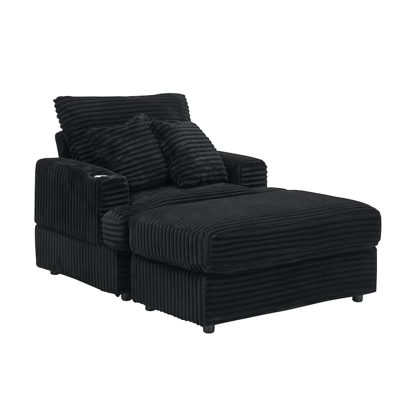Black Corduroy Armchair Sofa with Ottoman and Cup Holder