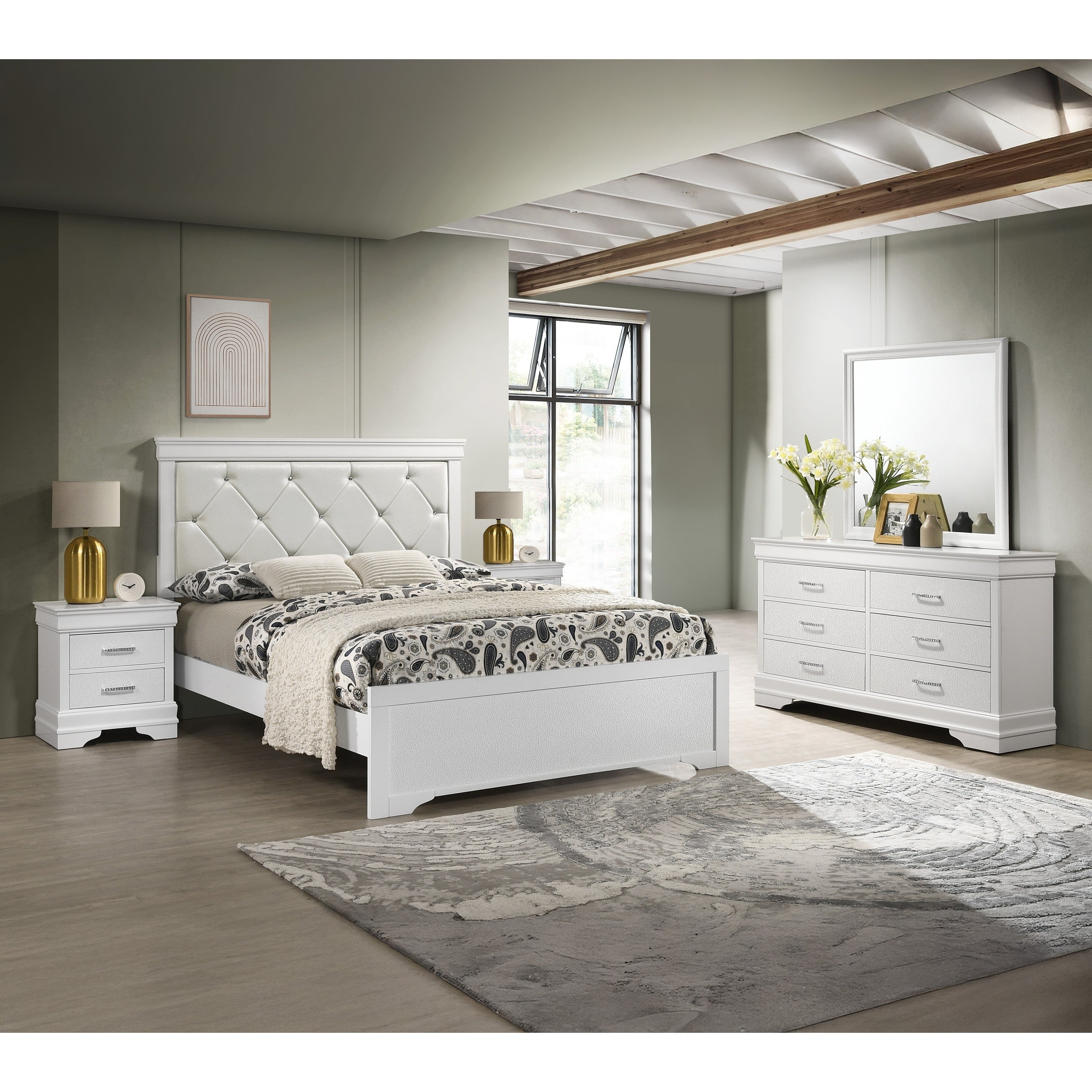5pc White Upholstered Panel Bed Dresser Mirror 2x Nightstand Set Bedroom Wooden Furniture