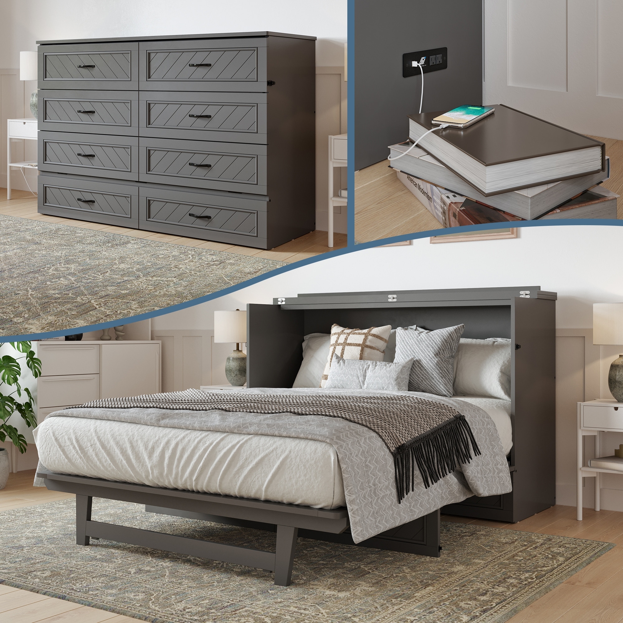 Alpine Wood Murphy Bed Chest with 6" Mattress and Built-in Charger