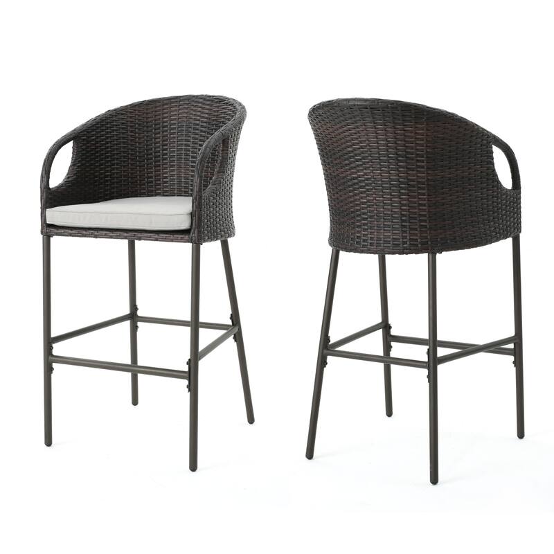 Outdoor 31" PE Rattan Barstools with Waterproof Cushions, Set of 2, Multibrown