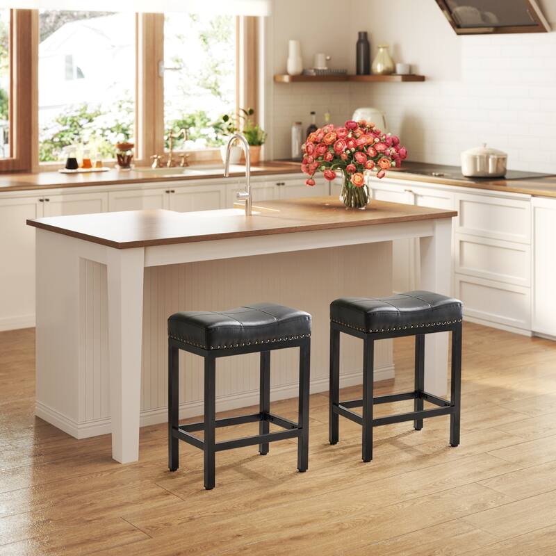 24 in. H Upholated PU Leather Thick Saddle Seat Counter Bar Stools Set of 2, Kitchen Chairs with Metal Base - Black
