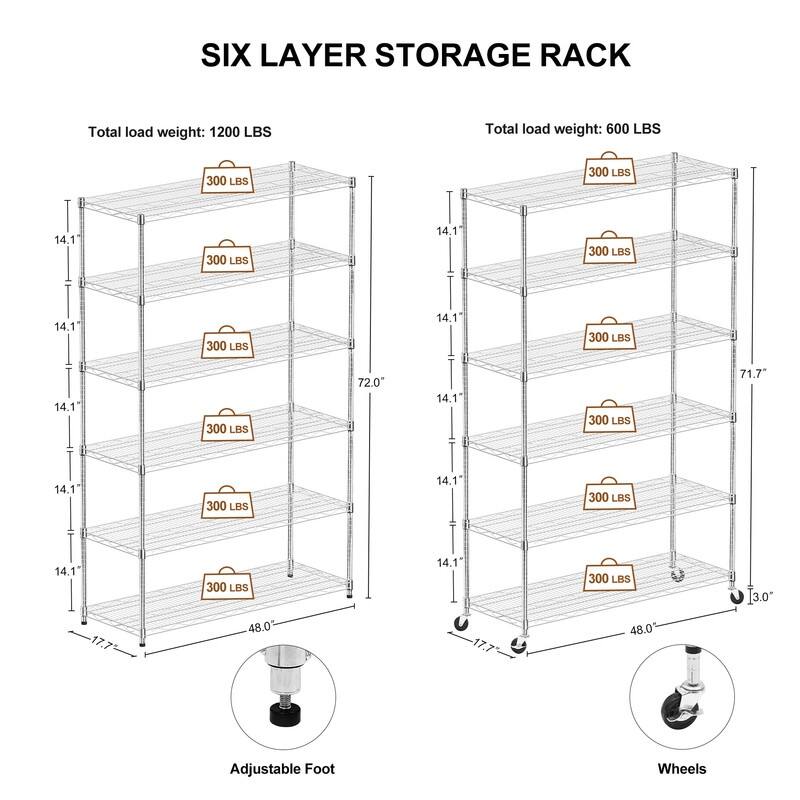6 Tier Adjustable Storage Shelves Metal Wire Shelving Unit with Wheels - 48.03 "L × 17.72 "W × 71.65 "H