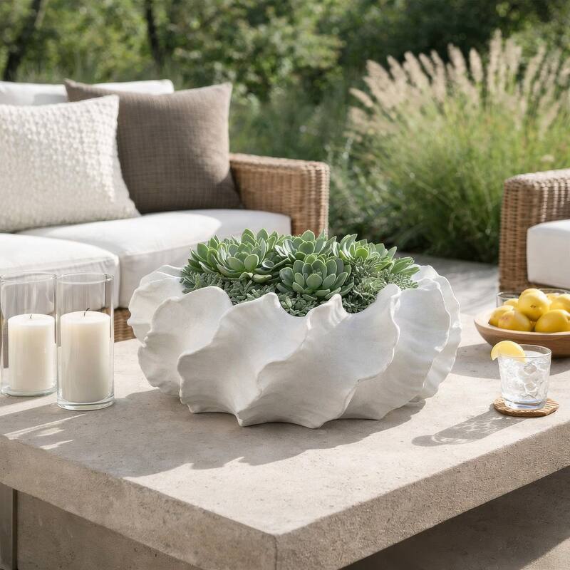 Velz Decorative Planter, 16 Inch Wavy Edge, Matte White Ceramic