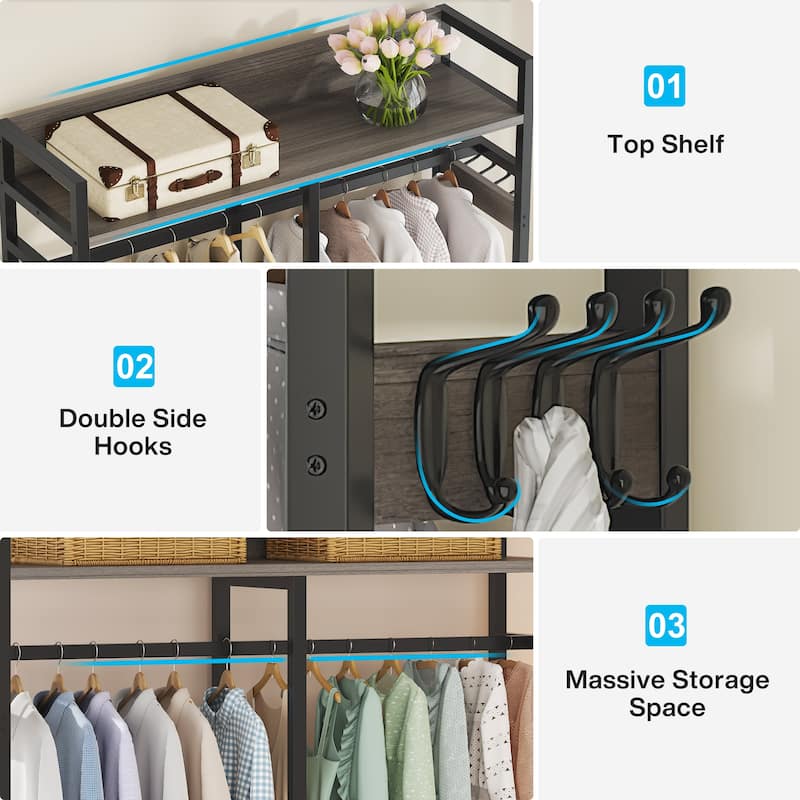 Freestanding Closet Organizer, Clothing Rack with 4 Drawers, 8 Hooks and Storage Shelves - Grey