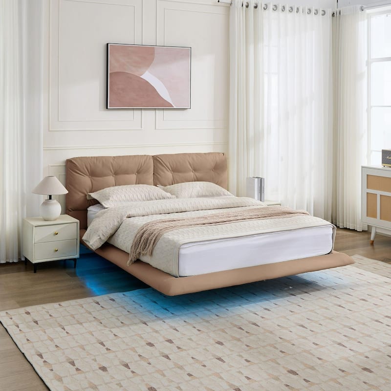 Upholstered Floating Bed Frame with LED Lights, Platform Bed - khaki