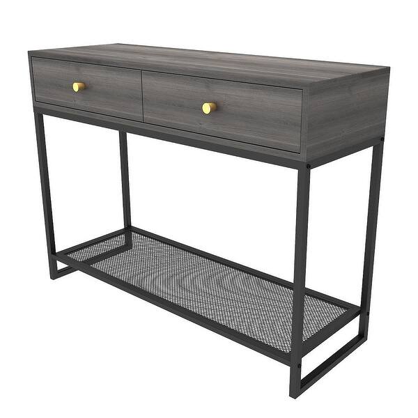 slide 2 of 6, Rusitc Wooden Console Table,2-Tier Side Table with 2 Drawers and 1 Open Storage Shelf MDF - Smoky Gray