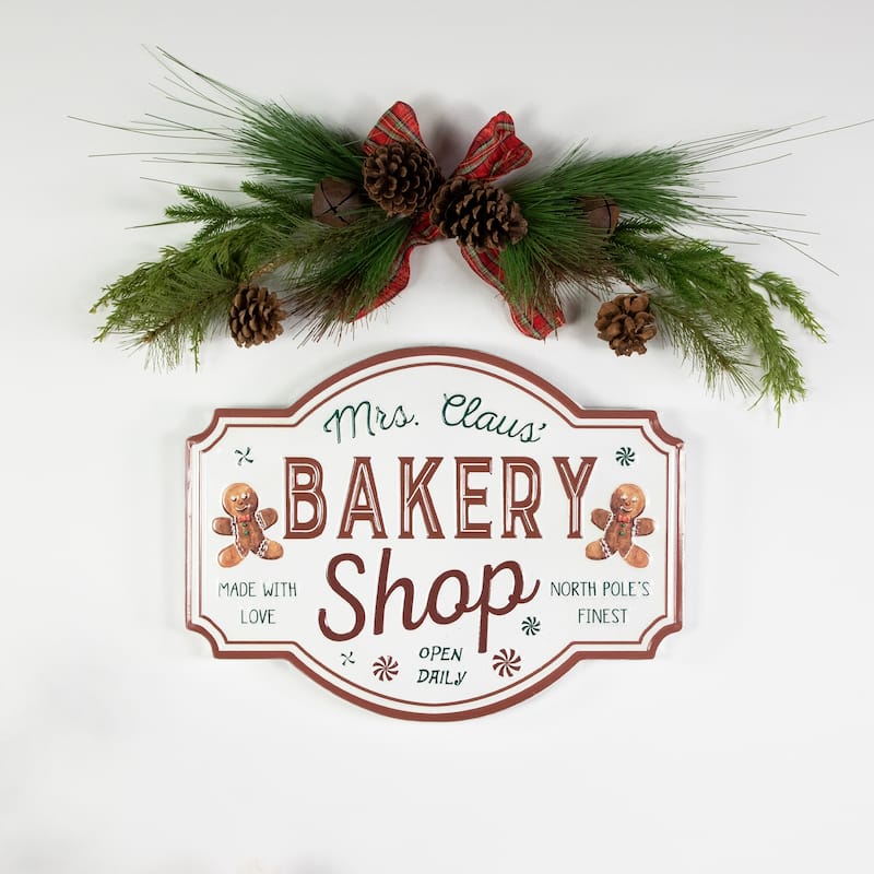 Gingerbread "Mrs. Claus' Bakery Shop" Metal Christmas Wall Sign - 18"