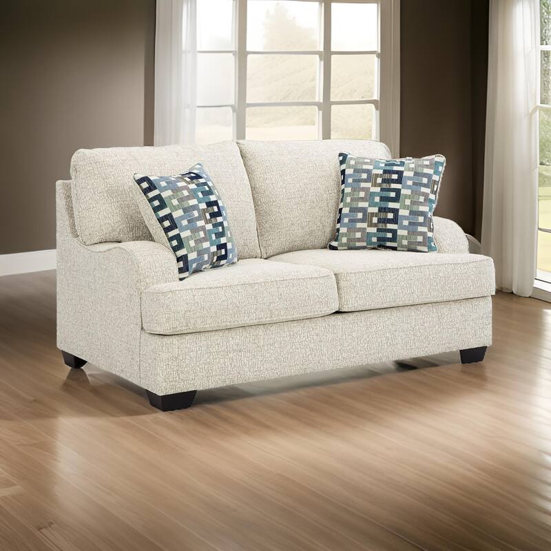 Zyan 66 Inch Loveseat with 2 Accent Pillows, Beige Chenille, Polyester
