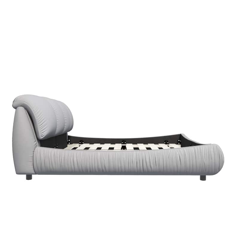 King Size Upholstered Platform Bed with Oversized Padded Headboard, Solid Wood Frame, Grey
