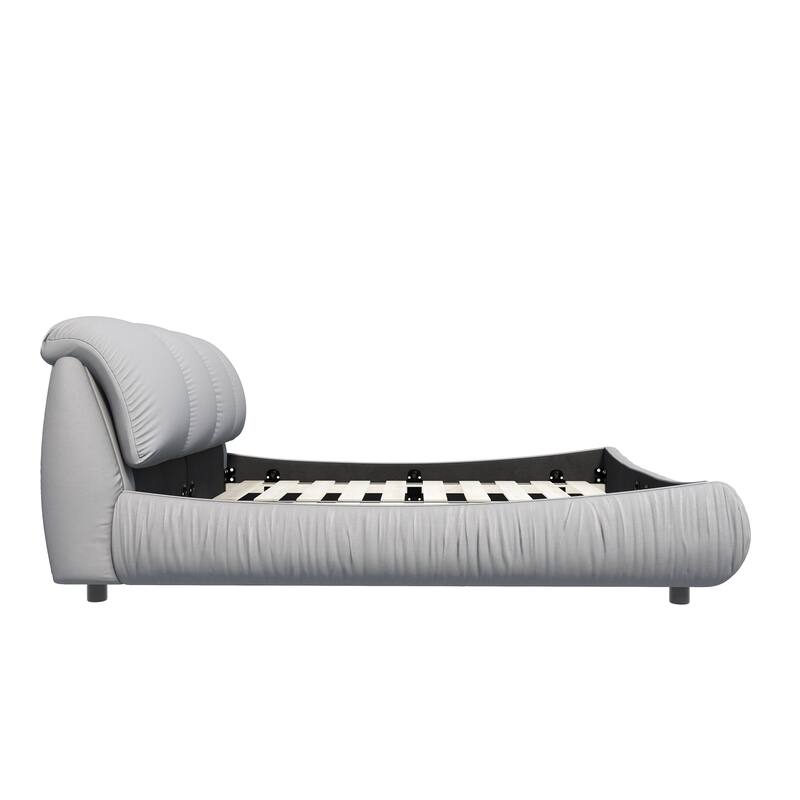 Luxury Upholstered Platform Bed with Oversized Backrest, King Solid Wood Bed Frame, Gray