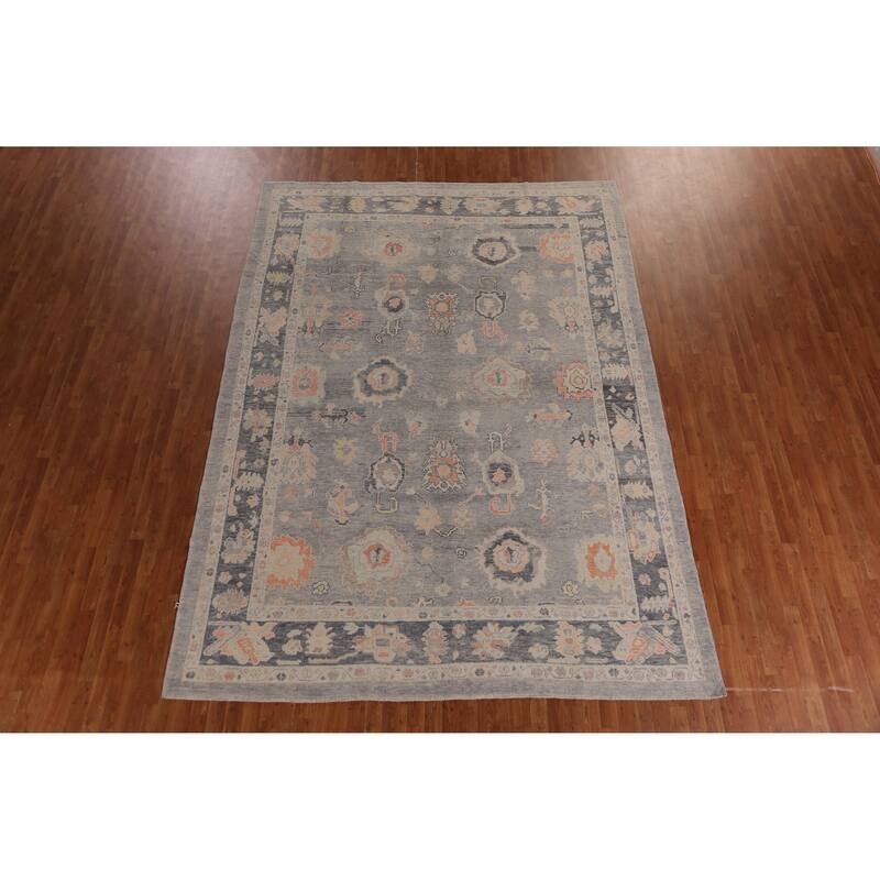 Hand Knotted Oriental 100% Wool Carpet Transitional All-Over Greys & Charcoal Oushak Area Rug - 12' 4'' X 8' 11''