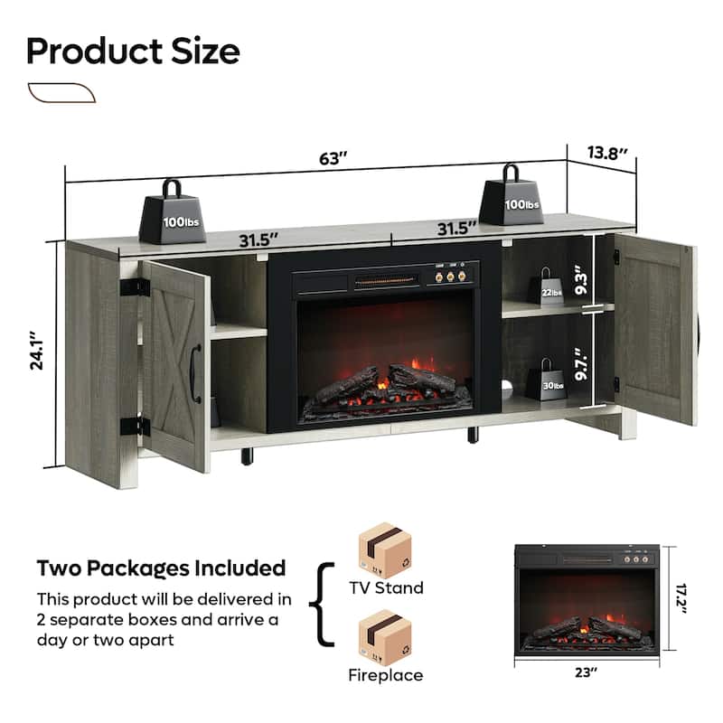 Bestier 63" Fireplace TV Stand for TVs, Farmhouse Barn Door Entertainment Center with Electric Heater, Adjustable Shelves