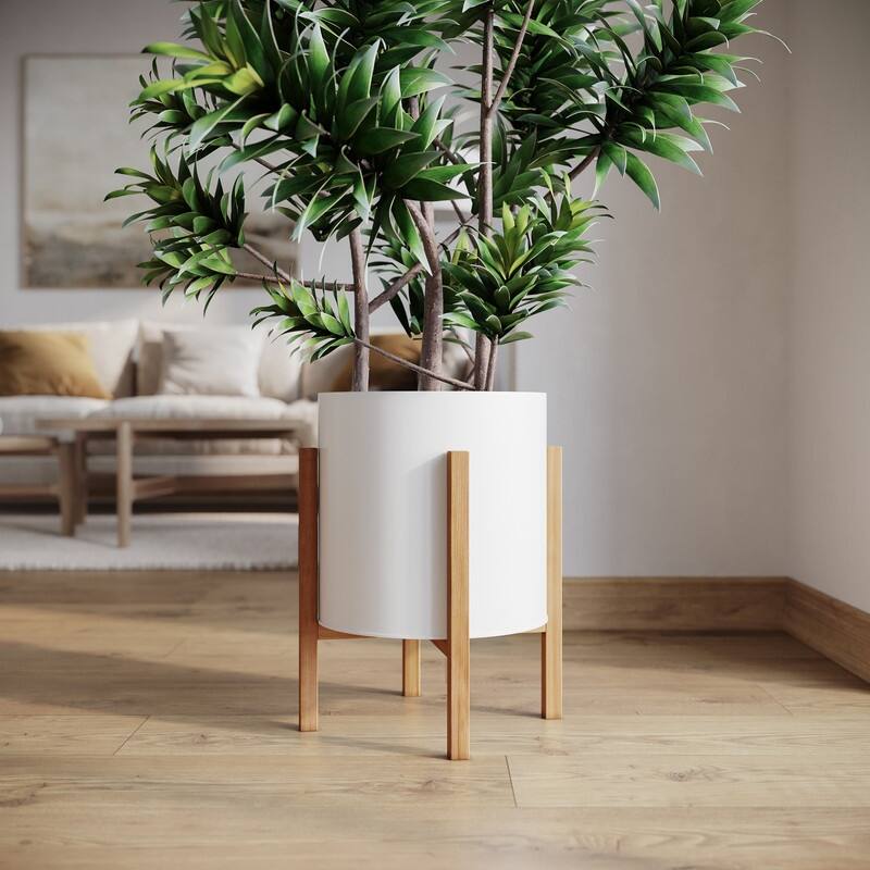 Raya White Mid-Century Modern Planter with 4-Leg Wood Base - 18.25" H  x 14" W - White