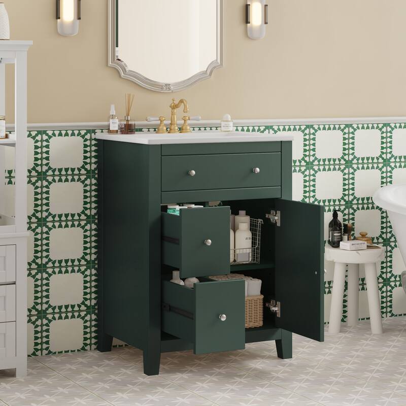 24" Bathroom Vanity with Ceramic Basin, Restroom Basin Cabinet with 2 Drawers, Small Bathroom Cabinet with Soft-Closing Door