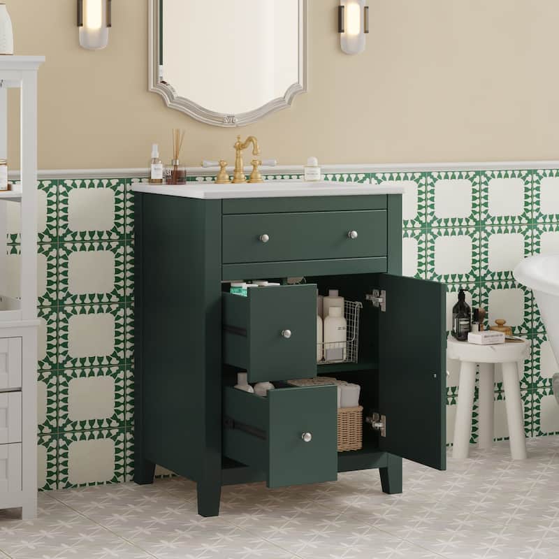 24" Modern Bathroom Vanity - Ceramic Basin, 2 Drawers & Soft-Closing Door, Compact Design