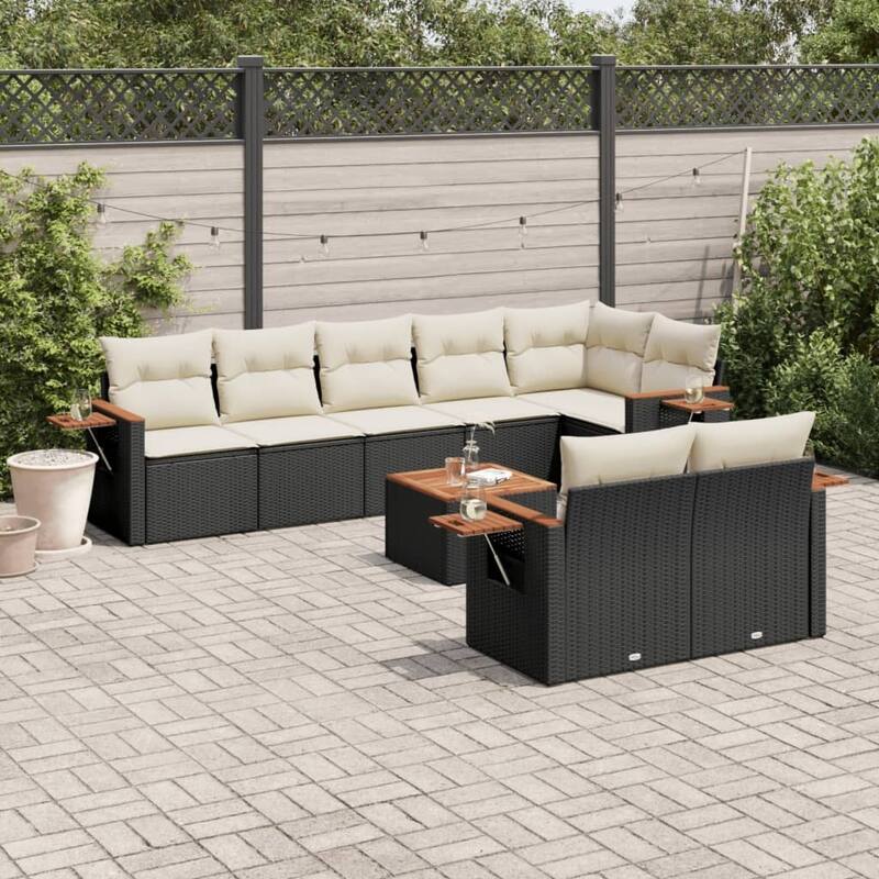 vidaXL Patio Sofa Set with Cushions Outdoor Conversation Furniture Poly Rattan - Black and cream with table - 24.4 x 33.5 x 27.2 in