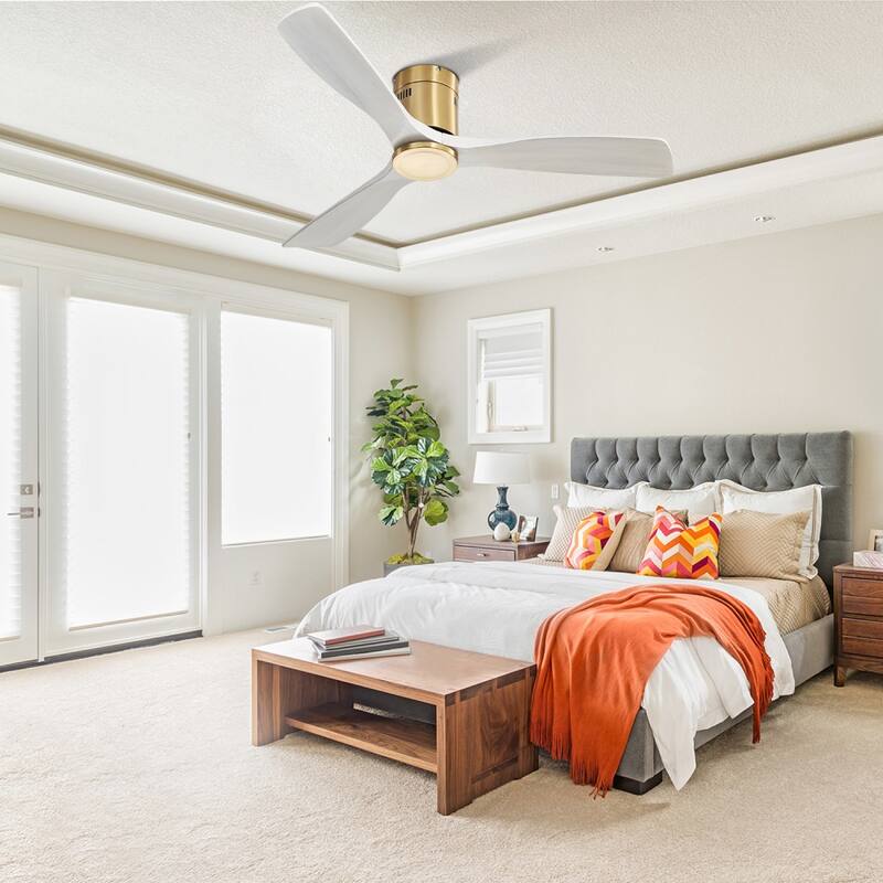 52'' Flush Mount Ceiling Fan with DC 3 Carved Wood Blades and Remote Control, without Light - 52''×52''×10.24''