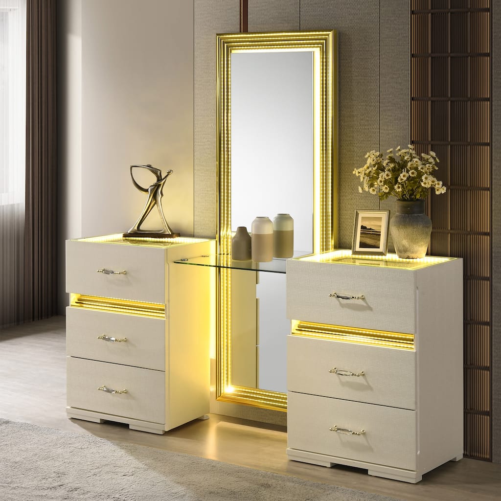 Furniture of America Saven Modern Solid Wood 6-Drawer Vanity Table with LED Light
