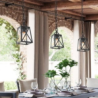 Bern 1-Light Black Lantern Outdoor Light Hanging Pendant with Seeded Glass for Porch - L 5.5"x W 4.5"x H 70"