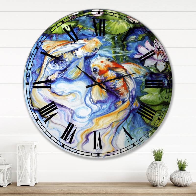 Designart 'Koi Koi And Lily' Large Nautical & Coastal Wall Clock