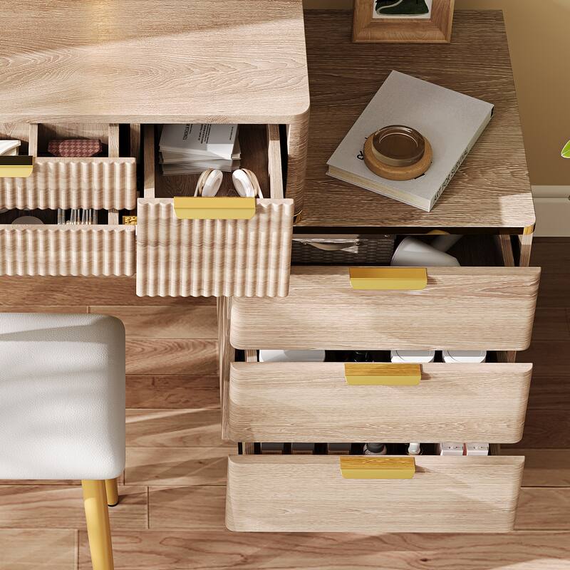 Anmytek 7-Drawer Vanity Desk with LED Mirror & PU Stool - Carved Details & Jewelry Storage for Bedroom