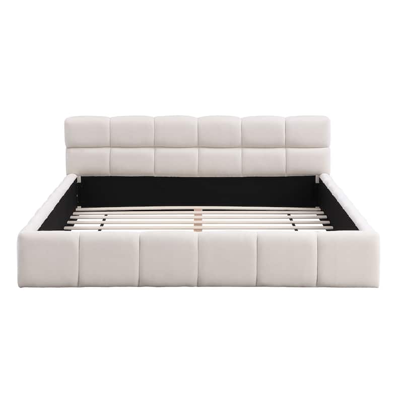 Block Grounded Bed, Beige Chenille Platform Bed Frame Fully Upholstered Modern Bedroom/Apartment Floor Bed Low Profile Bed