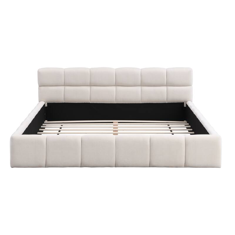 Elegant Beige Chenille Upholstered Bed with Checkerboard Design, Queen