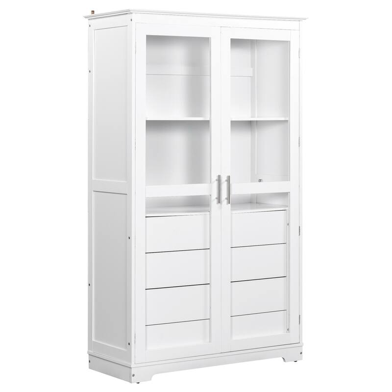 Kitchen Pantry Storage Cabinet, Freestanding Wood Cabinet Display Cabinet with Glass Doors, 4 Built-in Drawers & Shelves