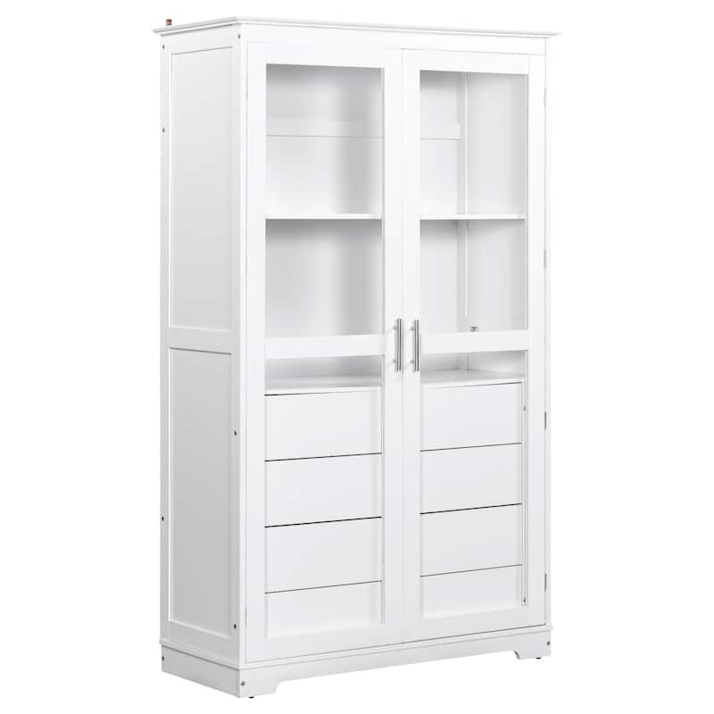Pantry Cabinet with Glass Door, 2 Shelves & 4 Built-in Drawers, Kitchen Pantry Storage Cabinet, Freestanding Kitchen Cupboard