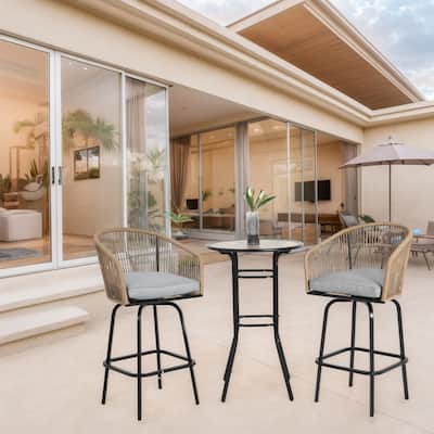 3 Pcs Outdoor Patio Bar Chairs Set w/ 2 Swivel Bar Chairs & 1 Round Bar Table